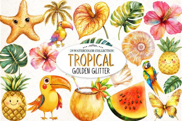 Download Tropical Clip Art Golden Glitter - Premium Bundle